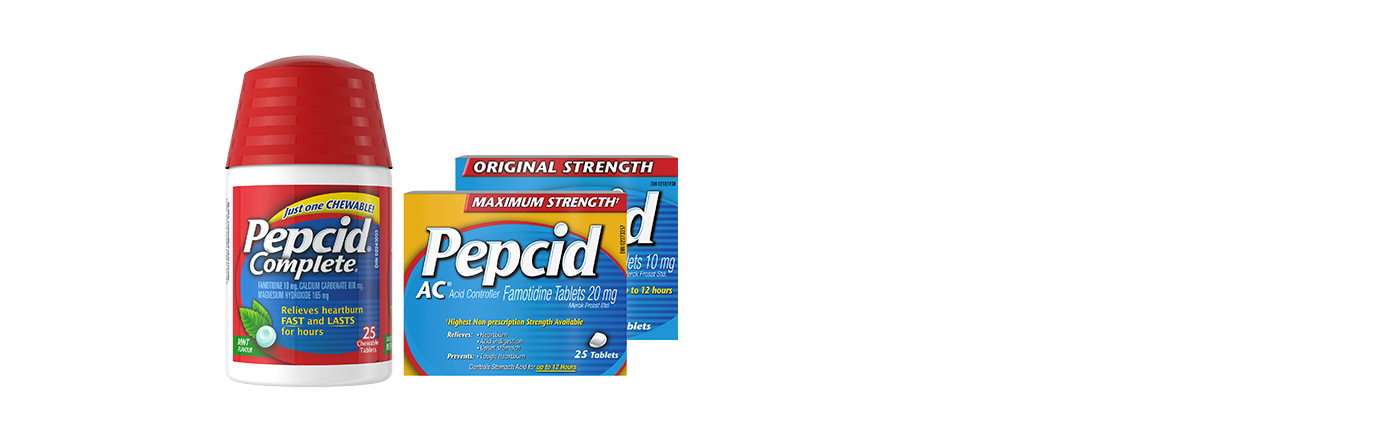 Pack shot of Pepcid Complete, Original Strength Pepcid AC & Maximum Strength Pepcid AC